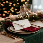 **<https://s.mj.run/CetuniwHn6M> A white mockup invitation card. Elegant festive christmas background, warm light, fairy light bokeh, linen tablecloth, elegant and natural holiday aesthetic. red napkins. Red, deep green, beige color palette. Elegant Christmas --ar 3:4 --v 7.0** - Image #3 <@1038768977310121984>