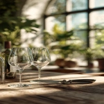 **A close-up shot of the empty wine glasses and a wine bottle opener on a wooden dinning table, in front of wine cellars and plants. The focus is on the wone glasses, set against soft natural light creating gentle shadows. A blurred background reveals an open space filled with greenery and sunlight streaming through large windows. Ultra realistic product photo. --ar 9:16 --v 7.0** - Image #2 <@1218331998956027987>