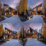 **front driveway view of a soft modern house with sloped metal roof --ar 16:9 --v 7.0** - Variations (Strong) by <@409035117881982988> (fast)