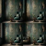 **Dark green and gold vintage wallpaper with a metallic sheen, intricate patterns, and a luxurious feel, set in a dark room. An elegant armchair and coffee table sit in front of the wall, with soft lighting casting gentle shadows on the textured surface. --v 7.0 --ar 3:2** - Pan Left by <@1313000520759377972> (fast)