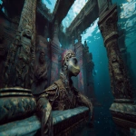 **brutalist reptilian 80s hair band style, psychedelic undertones, swimming in an underwater ruined human temple --ar 16:9 --v 7.0** - Image #4 <@941086399229198347>