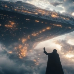 **A cinematic still of an epic interstellar battle between two massive spaceships in the sky. Above are clouds, and below them, a black-cloaked man stands on his feet, looking up at one of the ships with his hand raised towards it. The spaceship has intricate details and many lights that illuminate its surface. The scene is dark and moody, in the style of Roger Deakins, shot from a distance with a wide-angle lens, a movie screenshot with a cinematic composition and muted colors. --ar 105:128** - Image #4 <@264129597782753313>