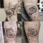**Upper arm tattoo design, semi-realistic style. A detailed nautilus shell at the base, symbolizing the Fibonacci sequence and the golden ratio, with precise geometric overlays--spirals, fractals, and mathematical notations subtly woven into the shell. Above, the Cheshire Cat fades in from swirling negative space, with a mischievous grin and partially transparent body, blending into abstract algebraic patterns, binary code, or fractal lines. Fine linework, black and grey ink with subtle violet highlights, balance of organic curves and crisp geometric forms. Tattoo sketch style, vertical composition for upper arm placement --v 6.0 --ar 2:3 --raw** - <@146051115195039746> (fast)
-# Create, explore, and organize on [midjourney.com](<https://midjourney.com/imagine?from_discord=1>)