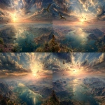 **God's awesome and beautiful creation. From darkness to light; the sky, waterways and the earth; the flowers and trees, mountains and valleys; to the smallest and largest of remarkable living creatures. Birds in the air to human women and men and children blessed with dominion over all of it. Incredibly diverse, yet all coexisting in God's harmonious love. Breathtaking beauty! --ar 16:9** - Variations (Strong) by <@1075950012086898728> (fast)