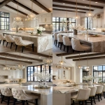 **A luxurious modern-rustic kitchen with high ceilings and dark wooden beams, blending soft neutral tones with glamorous gold accents. The cabinetry is a warm off-white with elegant gold hardware. A large marble kitchen island sits in the center with subtle veining, featuring modern pendant lights in gold and glass above it. The backsplash is a soft stone texture that matches the overall neutral palette. The countertops are clean and sophisticated, styled with a tall vase of white florals or branches and a few minimalist decor pieces. Barstools have tufted backs in cream or beige with gold or matte-black bases, adding a sophisticated touch. Soft warm lighting fills the space, creating a glowing, inviting atmosphere. Large black-framed windows bring in natural light, highlighting the mix of rustic beams and modern finishes. The overall vibe is elegant, glamorous, warm, and cohesive with the home design luxurious but livable."** --ar 3:5** - <@995920830729031680> (fast)