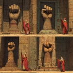 **dnd; room in an egyptian temple; a sculpture of a bronze forearm and clenched fist rises from the floor in the middle of the room; a shrivled egyptian high priest with pharoah garb stands next to the raised fist sculpture --v 7.0** - Variations (Strong) by <@771747841559232613> (fast)