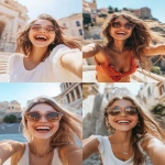 **Overjoyed female model laughs happily enjoys spare time takes selfie portrait outside against blurred building background wears sunglasses has excursion in ancient city during summer holidays hyper realistic --ar 3:4** - <@1134564384883093594> (relaxed)