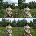 **ultra realistic, highly detailed high necked summer luncheon dress mid calf, long sleeved worn by a beautiful young woman standing with a lovely park behind her. HD --v 7.0 --ar 2:3** - Zoom Out by <@1327691479602298971> (fast, stealth)
