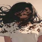 **ghibli-inspired anime style, a woman with blowing black long hair wearing a white t-shirt. Her face and hair are covered with full of dark chocolate. Smile. Hyperdetailed. --ar 9:16** - Image #1 <@1069234448597536858>