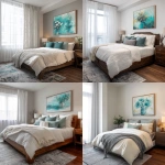 **interior design of a model unit showing the GUEST BEDROOM in french country style. walnut wood floor. french style bed with white beddings. sheer white curtains. artwork with teal still life painting, modern gray area rug,** - <@1231814052913877045> (fast)