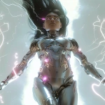 **<https://s.mj.run/YaQlSNDfcaA> a futuristic woman floating high in the air, full body visible from head to toe including stomach and thighs, seen from below as she ascends upward like a divine being, head tilted slightly up toward the light, wearing a sleek metallic chrome biomechanical bodysuit with visible joints, cables, and glowing circuits, elegant feminine curves, keeping the exact same human face, hair, and hairstyle as the reference image, eyes glowing pure white like laser light without pupils, surrounded by a storm of bright electric lightning bolts and radiant energy, pure white background glowing with divine light reflections, cinematic lighting, ultra realistic 8k, wide angle shot composition --cref <https://s.mj.run/YaQlSNDfcaA> --v 6.0 --iw 2 --cw 10 --raw** - Upscaled (Subtle) by <@1277955868452851795> (fast)