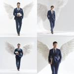 **stylish Asian man, age 25-27, in a fitted navy blue suit, light brown hair, walking confidently with iPad in hand, hand in pocket, big elegant white wings behind him, looking straight at camera, soft smile, low angle, clean white studio background, fashion magazine photo shoot, ultra detailed, 4K** - <@427615579231485956> (fast)