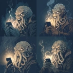 **Cthulhu chats with his friends on an old gods chat app on his phone. He is laughing, evilly.** - Variations (Strong) by <@1020426631959040100> (fast)