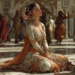 **a graceful court dancer in a traditional mughal style palace. high detail photorealistic. adhering to fashion customs of 17th century indian subcontinent. she is seated on the floor in a graceful pose in the court with people around her** - Image #2 <@1182369479406125166>