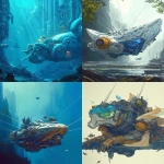 **A massive, hydropunk leviathan landscape lithograph gliding gracefully through deep ocean waters. Its sleek, biomechanical body blends smooth metallic plating with glowing lines of bioluminescent blue and green, evoking water-powered technology. The creature’s head is adorned with intricate fins and antenna-like sensors, while its body is covered in segmented armor resembling overlapping fish scales. Large, turbine-like fins propel it silently, and steam vents occasionally release gentle streams of bubbles. Surrounding it are faint silhouettes of smaller aquatic creatures and remnants of a submerged city, emphasizing its colossal scale. The dim, murky ocean is illuminated by the leviathan’s soft, glowing light, creating a mysterious and awe-inspiring atmosphere --chaos 30 --ar 3:4 --personalize xbv3qc8 --stylize 150 --weird 100 --v 6.1** - <@815869570400124960> (fast)