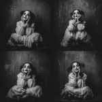 **a black and white photo-realism of a young girl, in ragged white dress, and heavy, dark makeup. she i. she is looking upwards, with her fingers in her eye sockets and grinning. eerie, unsettling.** - Variations (Strong) by <@376196082390138880> (fast)