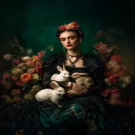 **a vogue photoshoot with frida kahlo in an enchanted garden surrounded by rabbits, wearing black , against a dark green background, with colorful flowers, in the style of hyper-realistic photography, and an editorial pose. --ar 46:61** - Image #1 <@267082272199409666>