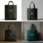 **A premium museum tote bag design inspired by Jinsha and Sanxingdui civilization, dark bronze green canvas bag, minimalist layout, golden sun bird emblem embossed on the upper center, ancient bronze human mask silhouette embossed on the lower part, subtle arc connecting heaven and humanity, matte gold foil, low saturation colors, international museum aesthetic, high-end cultural product, clean background, realistic fabric texture, elegant and solemn style --v 7.0** - <@1216977675789402202> (fast)