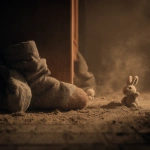 **A single sock under a laundry dryer, dusty and forgotten, surrounded by dust bunnies and a small, dirt-covered stuffed kangaroo. Dim, moody lighting with warm tones. A slope of the floor leads into deeper shadow. The sock appears soft, slightly wrinkled, with a hint of personality--evoking loneliness and quiet hope. Photorealistic, shallow depth of field, cinematic atmosphere.** - Image #3 <@876267919003238460>