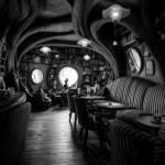 **a cozy café in the style of tim burton, located inside an ancient tree with a spiral trunk and tables made from wooden branches. the walls are decorated with bookshelves and round windows. the interior is dimly lit by vintage lamps, casting intricate shadows on striped sofas and chairs. in one corner, there's a mysterious figure sitting at a table, adding to the whimsical atmosphere.** - Image #3 <@450898678975168513>