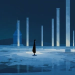 **a woman in a black coat walks on a frozen lake. white pillars with lights inside stand around the lake, and behind it is a tall church with a blue roof at night, in the minimalist anime style. --ar 128:71 --v 7.0 --p mwpi95x** - Image #4 <@451473582770618389>