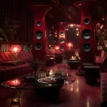 **Surrealism 1986 luxury recording music lounge, red colors rich colors, luxury, hd quality , vinyl showing, low lighting, 1 conversation pit, tall abstract speakers, vinyl records , bar lounge included , high quality, clear record shaped table** - Image #3 <@951239260281913364>