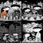 **Six of Cups tarot card by Sarah Andersen. The image is black and white and depicts two people working in the city ground with four cups filled with flowers on display in front of them. The woman is wearing red and blue , while her brother wears grey. The brother is tending a chalice with flowers to his sister and there is a flower vase behind him. There is an old stone houses and buildings in background. all set against a black background, and the overall design is simple yet striking, in the style of Sarah Andersen. --ar 3:5 --v 7.0 --p fllp7es** - <@409716268476923920> (fast)
-# Create, explore, and organize on [midjourney.com](<https://midjourney.com/imagine?from_discord=1>)