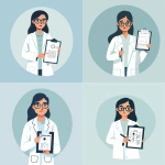 **Minimal flat vector illustration in EyeLife style, optometrist doctor with eyeglasses and lab coat, holding clipboard with simple eye chart icon, soft medical monochrome palette (#CBE3F5, #A3CAE8, #6EA7D8, #003366), abstract rounded blue background, no gradients or shadows, no skin tones, clean line-free vector composition, consistent with Customer illustration style, calm and sterile aesthetic --v 6.0 --ar 1:1 --raw** - Variations (Strong) by <@775301860293738506> (fast)
