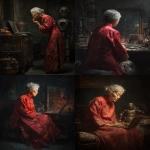 **Oil painting, moody lighting, prominent brush strokes, elderly grey haired Chinese woman dressed in a tattered and dirty red Qun Kwa wedding dress, gazing into a dirty mirror in a dingy apartment, by Zhang Jingna, Zhang Xiaogang's style, melancholic atmosphere, tattered robot companion, laptop computer --ar 4:5 --v 7.0 --no star wars characters --chaos 3** - <@988364629556199494> (fast)