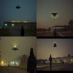 **Night scene Langley AFB, lone witness on walking track in foreground, black equilateral triangle UAP hovering far in distance above NASA hangar building, craft small in frame due to distance, craft exterior to hangar floating in night air, bottom surface showing sharp triangular geometry with pointed corners, EXACTLY four white lights total - three small corner lights at triangle vertices plus one large center light, thick golden yellow aura glowing from craft top, witness large silhouette in immediate foreground, empty military base minimal lighting, single car near distant hangar for scale reference, wide angle shot emphasizing distance between witness and craft, clear night sky background, craft appears distant and small overhead --ar 16:9 --v 6.0 --no close craft, large UFO, hangar interior (jmyers2_Night_scene_Langley_AFB_lone_witness_on_walking_track_i_d2db5b3a-5ad4-490a-bb47-ea209ec793f2.png) (jmyers2_Night_scene_Langley_AFB_witness_on_track_black_triangle_87904b2e-7559-44de-a911-e860271a6444.png) --iw 0.5 --raw** - <@701603354954170449> (fast)
-# Create, explore, and organize on [midjourney.com](<https://midjourney.com/imagine?from_discord=1>)