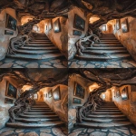 **ancient fortress grand stairway, twisted tree roots on ceiling with elegant stone floors, tree roots stair banister railing, paintings on walls, sunset lighting, 8k detail, shot on a Sony Alpha a7 III camera --ar 9:16 --v 6.1** - Variations (Subtle) by <@941416877790486558> (fast, stealth)