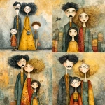 **whimsical photorealistic illustration of a fathers d mother with their girl and boy, father has black hair and a moustache, he’s wearing glasses, mother has curly blonde hair and she’s wearing glasses girl has dark brown hair and she’s wearing glasses, son has brown hair and is older and taller than the young girl --v 7.0 --p b3kgthr --s 750** - <@520759084903956481> (fast)