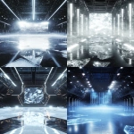 **futuristic sports arena interior, glowing with black, silver and white lights, holographic LED panels stretching across the back wall, fractured ice shard textures embedded in the walls, metallic beams and chrome accents, spotlights shining through thick volumetric fog and icy haze, glossy frozen ice floor with prism reflections and frosty cracks, symmetrical wide cinematic perspective, crisp linear lights adding depth, legendary and immersive high-tech atmosphere, perfect for hockey trading card background --ar 2:3 --q 2 --v 6.1 --raw** - <@1007029574430892245> (fast, stealth)
-# Create, explore, and organize on [midjourney.com](<https://midjourney.com/imagine?from_discord=1>)