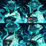 **A vibrant anthropomorphic scyphozoa princess, she is wearing a intricate kimono featuring elemental water, she has a royal brooch in her hair, pale blue translucent skin, graphic novel cover, line art style, tentacle and seashell aesthetics, jelly nucleus, dark background, Kawacy, Tetsuya Nomura, Peter Mohrbacher --p 552yful --ar 2:3 --niji 6** - Variations (Strong) by <@348134085279088651> (fast)