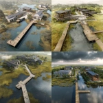 **Campus design from drone perspective of a technical high school along a marsh with boardwalks which access viewing platforms. Design the buildings in the style of lake flato architects** - <@1182158818818400348> (fast)