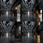 **Futuristic walls made of layered cubes, symmetrical perspective, tall walls covered with floating and embedded blocks of varying sizes, metallic textures, cyberpunk vibe, dark unlit end of corridor, no lights in the distance, volumetric lighting, dark sci-fi atmosphere, ultra detailed, --s 250 --v 7.0 --ar 3:2** - Pan Right by <@1057577968781762630> (turbo)