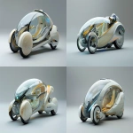 **futuristic single-passenger electric capsule scooter, enclosed design with one front wheel and two rear wheels, fully transparent glass windows on all sides, aerodynamic smooth shell, solar panel on top, matte beige body with subtle blue and yellow variants, soft lighting, shown on neutral gray background --ar 3:2 --v 6.0 --raw** - Variations (Strong) by <@361336964084924446> (fast)
-# Create, explore, and organize on [midjourney.com](<https://midjourney.com/imagine?from_discord=1>)