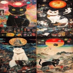 **yokai cat in space with synthesizers. Mystical winds qi powerful. Japanese art 16th century. Wide shot --ar 131:284 --p g1z4qo8** - <@692320895171166238> (fast)