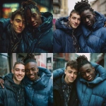 **two handsome young men smiling, one is white with short brown hair and the other has black skin and long, curly topknot hairstyle wearing an oversized, puffy blue jacket. both of them are hugging each other in love on a street corner. photo-realistic, portrait photography, in the style of nikon d850. --ar 127:128 --v 7.0 --p 7t8d38w** - <@995751013732581408> (relaxed, stealth)
-# Create, explore, and organize on [midjourney.com](<https://midjourney.com/imagine?from_discord=1>)