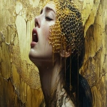 **exquisitely surreal and ominous painting by Taras Loboda + Annick Bouvattier + Yoann Lossel Of honey woman with yellow honeycomb tongue, in the style of oil paintings, intimate portraits , photo-realistic compositions, raw emotions, i can't believe how beautiful this is, gold, uncanny juxtapositions --chaos 30 --ar 7:4 --v 6.1 --s 888 --weird 333** - Image #3 <@1038536641180094535>