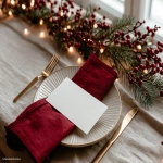 **<https://s.mj.run/CetuniwHn6M> A white mockup invitation card. Minimalist, festive christmas background, warm light, fairy light bokeh, linen tablecloth, elegant and natural holiday aesthetic. red napkins. Red, deep green, beige color palette. Elegant Christmas --ar 4:3 --v 7.0** - Image #1 <@1038768977310121984>