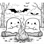 **cute ghost and skeleton roasting marshmallows, campfire, bats above, coloring page, thick outlines --ar 5:7** - Image #2 <@437878260013989888>