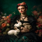 **a vogue photoshoot with frida kahlo in an enchanted garden surrounded by rabbits, wearing black , against a dark green background, with colorful flowers, in the style of hyper-realistic photography, and an editorial pose. --ar 46:61** - Image #2 <@267082272199409666>
