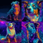 **a neon turqiose, orange , pink , fluffy Austrailian miniature shepherd x pomerainian , one blue eye, short nose, sitting , psychedelic, blue background , acid visuals , artwork in the style of Dan mumford , bright glowing image --v 7.0** - <@1006545549706666017> (fast)