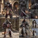 **make a black Templar warrior from warhammer 40k. He’s in a fighting stance. Make him look like a crusader/knight. Make him holding a lantern in one hand and a broad sword in the other. In the style of a hyper realistic video game cut scene --v 7.0** - <@697562114692218901> (fast)