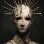 **a front facing mannequin with a few different sized spikes coming from its face, the mannequin has cuts and damage all over its face, male figure, stitches on face, tattered and torn details, dark eyes, very dark background, dark green colors, high detail, horror inspired --v 7.0** - Upscaled by <@702122213033246720> (fast)