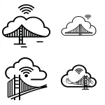 **a simple vector logo of cloud with wireless connection and golden gate bridge, black on white background, line art style, simple shapes, clean lines, minimalistic design, no shadows or gradients, white space around the outline for easy cutout, flat 2d shape, monochrome, no fill color, high contrast. the cloud is in front of the bridge and has an information bubble floating above it containing icons representing wire rimmed glasses and walkie talkies, symbolizing ai's role as a future selflin iphone camera lens --ar 53:59** - <@1169479941855920229> (fast)