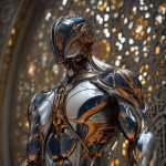 **full body ripped robotic masculine man / with exoskeleton made of forged aluminum / anodized in a combination of three stunning finishes to f refined silver, elegant deep blue and bold and eye-catching cosmic orange / electrifying / great and terrible beauty / background depicts ornate complex lattice patterns of beauty and wonder / full length view --no borders, frames, grids, split screens, tiles, women, girls, females** - Image #2 <@1080572898269466724>