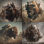 **a hyper realistic photo of a raccoon riding a bison into battle** - <@543986060485459972> (fast)
