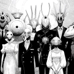 **A vintage anime-style full-body black-and-white illustration. A group of creepy abstract non-human creatures posing for a group photo, concept art, futuristic. --v 7.0** - Image #2 <@852041915598635039>